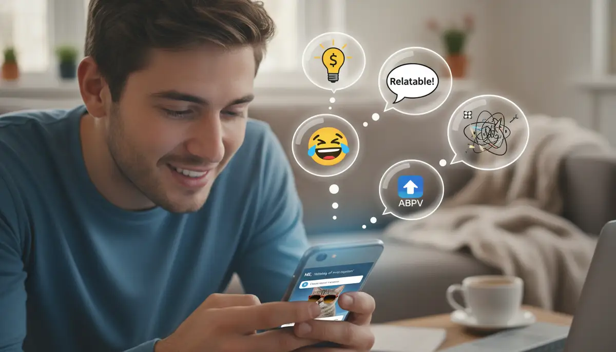 A person creating a meme on their phone, with thought bubbles showing creative ideas, implying the ease of sharing and contributing to the ABPV app community., high-quality photography, professional lighting, sharp focus, realistic, detailed