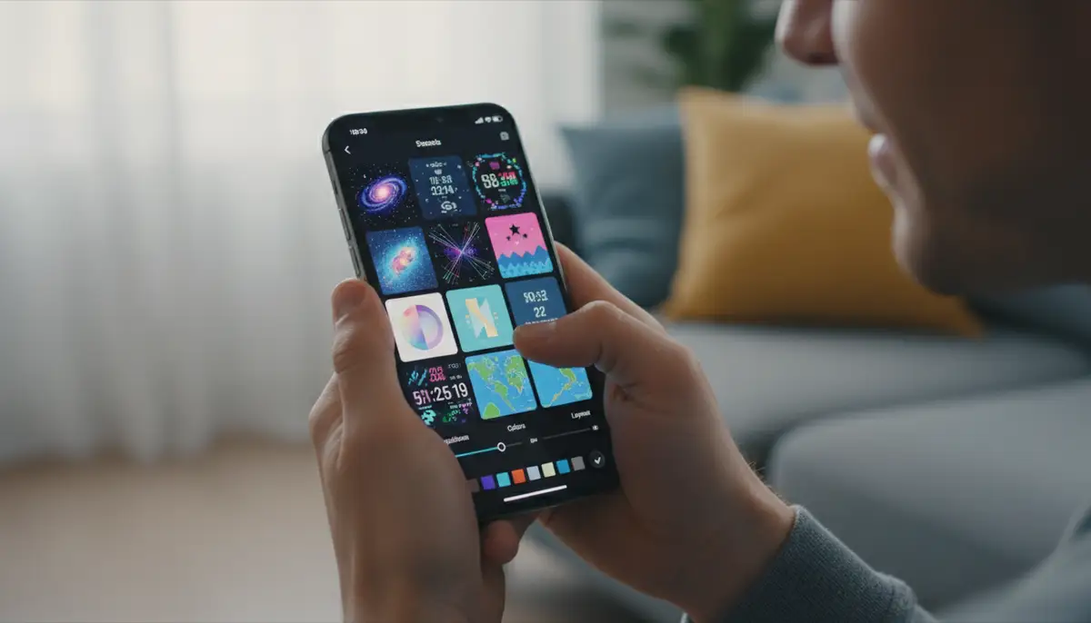 A person customizing a digital watch face on a smartphone, with various creative designs and options on screen., high-quality photography, professional lighting, sharp focus, realistic, detailed