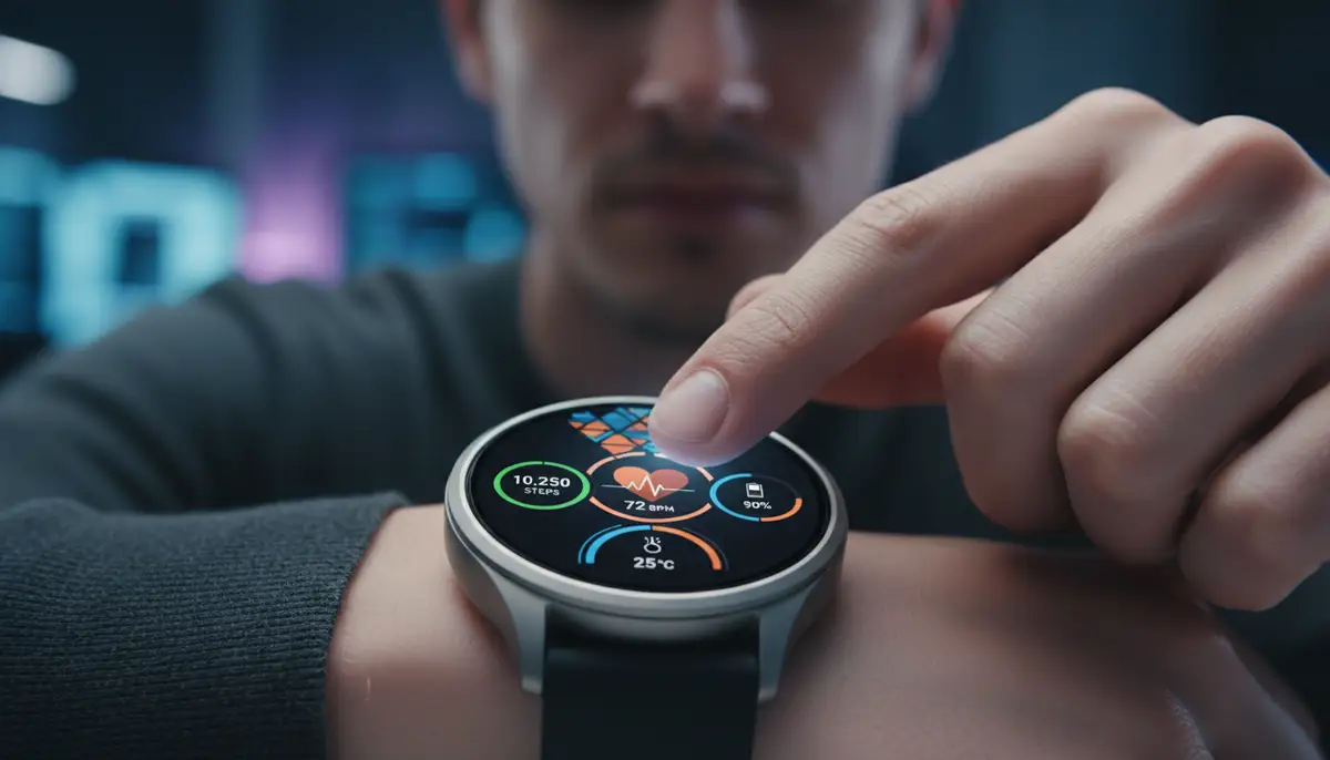 A person customizing a digital watch face on a smartwatch, showcasing a vibrant, high-resolution display with various health metrics and personalized designs, emphasizing modern watch technology., high-quality photography, professional lighting, sharp focus, realistic, detailed