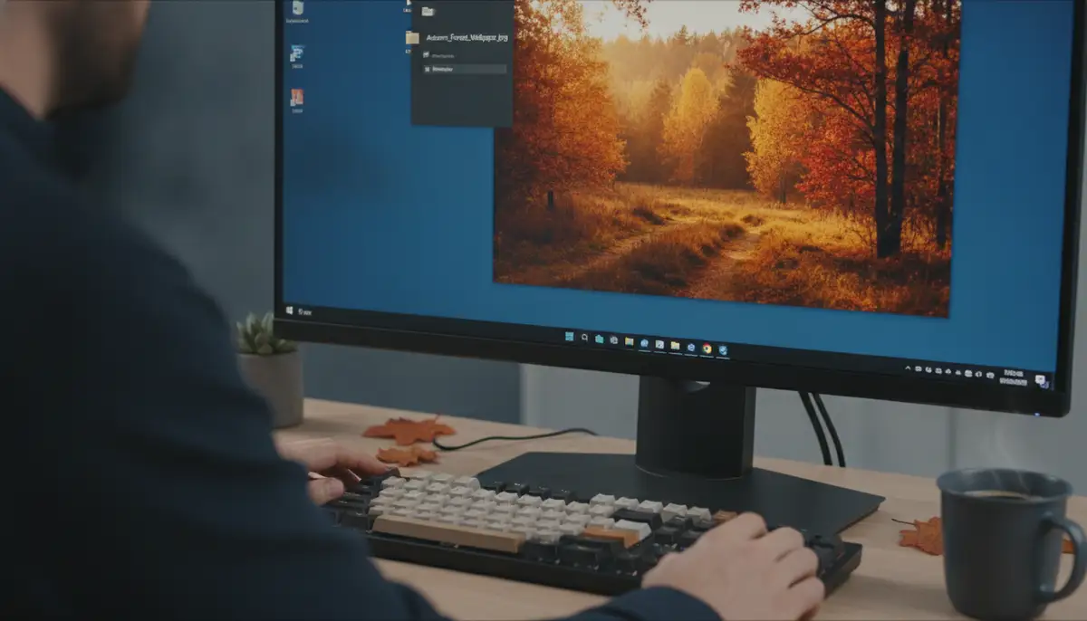 A person customizing their computer desktop, dragging and dropping a new fall-themed wallpaper, with a focus on user interaction., high-quality photography, professional lighting, sharp focus, realistic, detailed