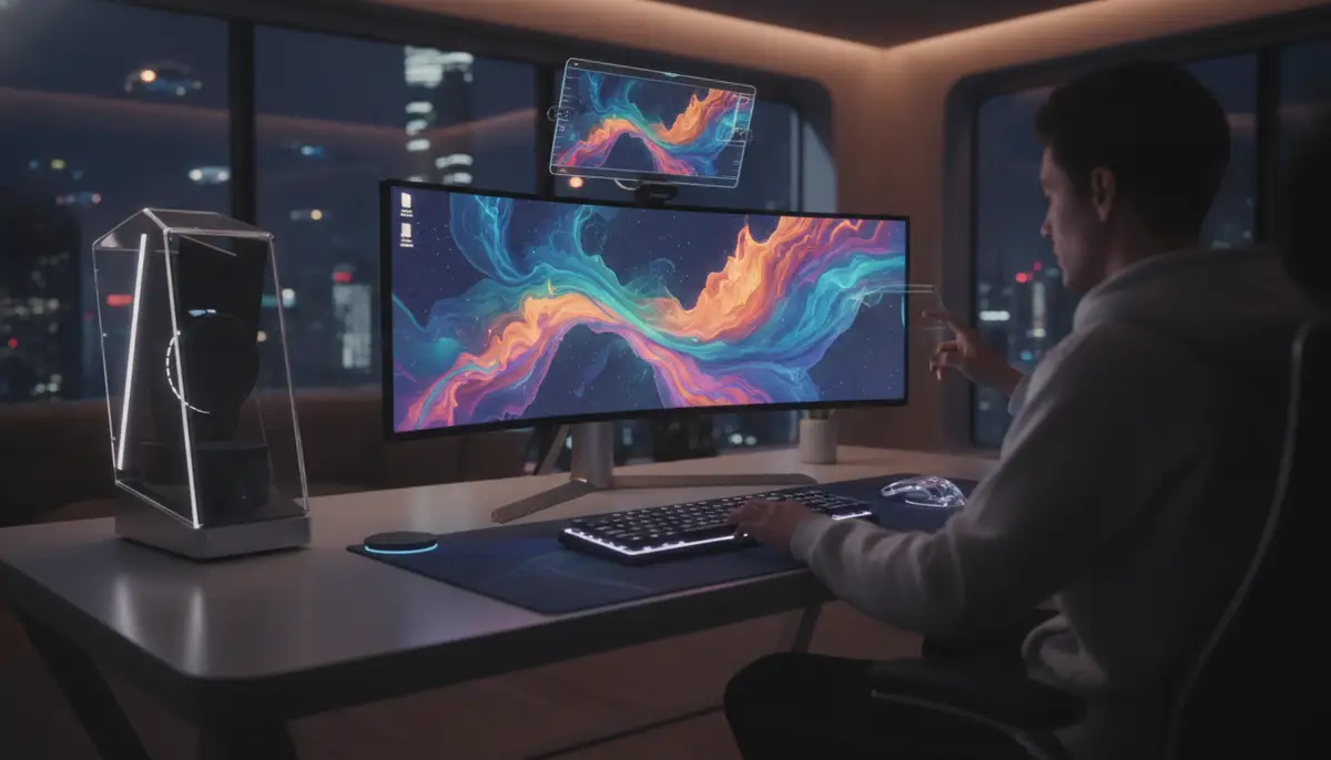 A person customizing their desktop with a vibrant, flowing abstract wallpaper GIF, showing a modern, sleek computer setup in 2025., high-quality photography, professional lighting, sharp focus, realistic, detailed