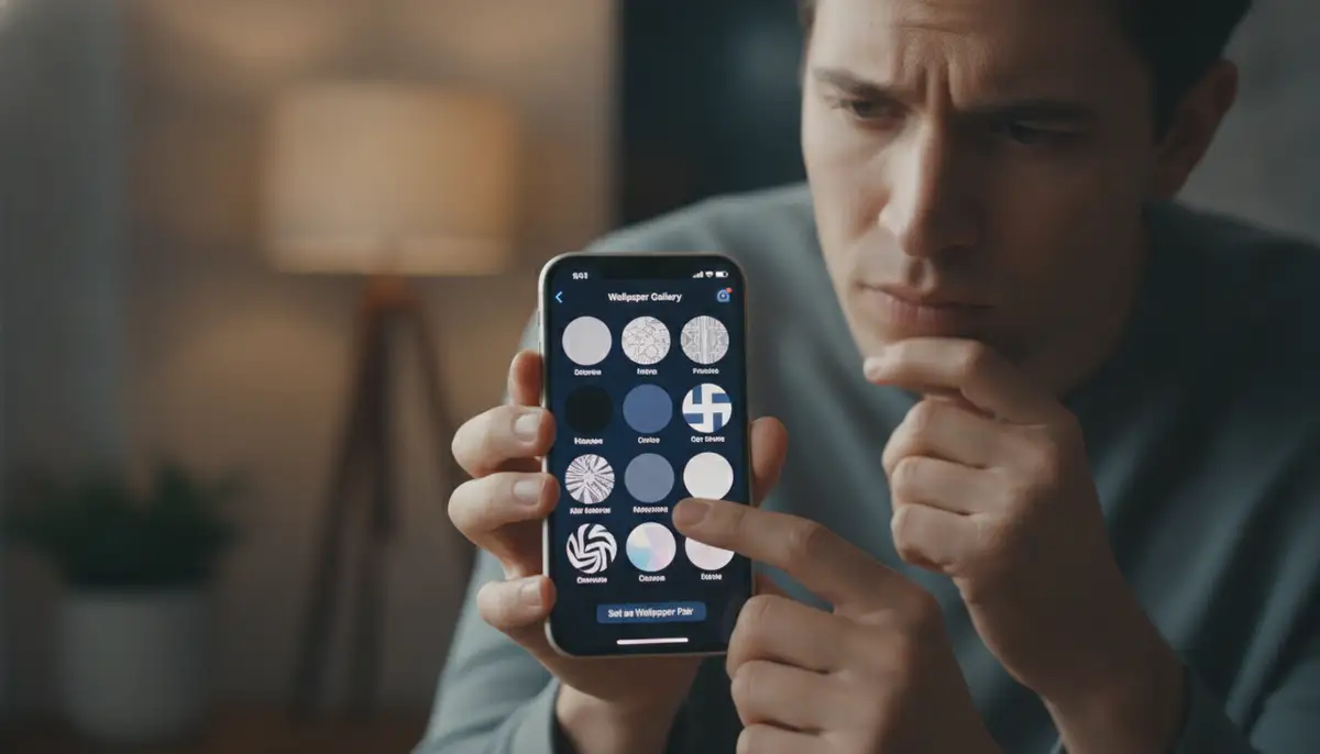 A person customizing their iPhone wallpaper, selecting a dark navy blue option from a gallery, with a focused expression., high-quality photography, professional lighting, sharp focus, realistic, detailed