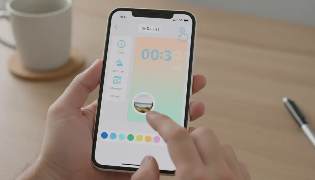 A person customizing their phone's home screen with a widget creation app, showing drag-and-drop elements and color palettes. The screen displays a preview of a unique, personalized widget., high-quality photography, professional lighting, sharp focus, realistic, detailed