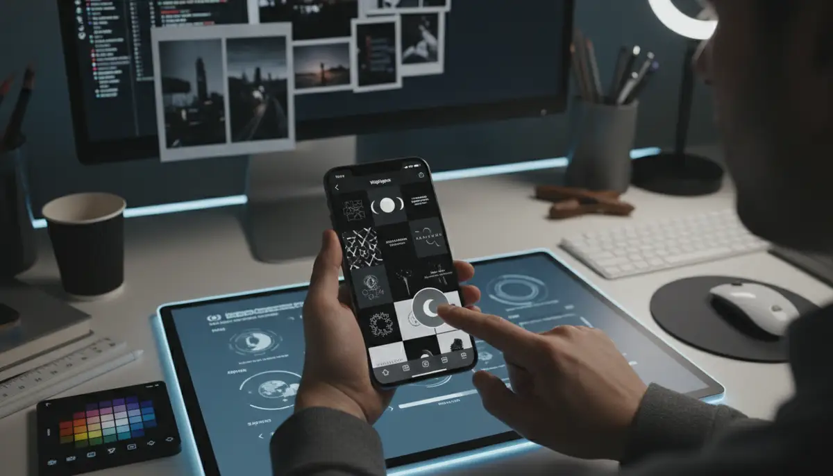 A person designing their phone's home screen using a widget customization app, with a focus on selecting and arranging black aesthetic widget pictures, surrounded by digital tools and a creative atmosphere., high-quality photography, professional lighting, sharp focus, realistic, detailed
