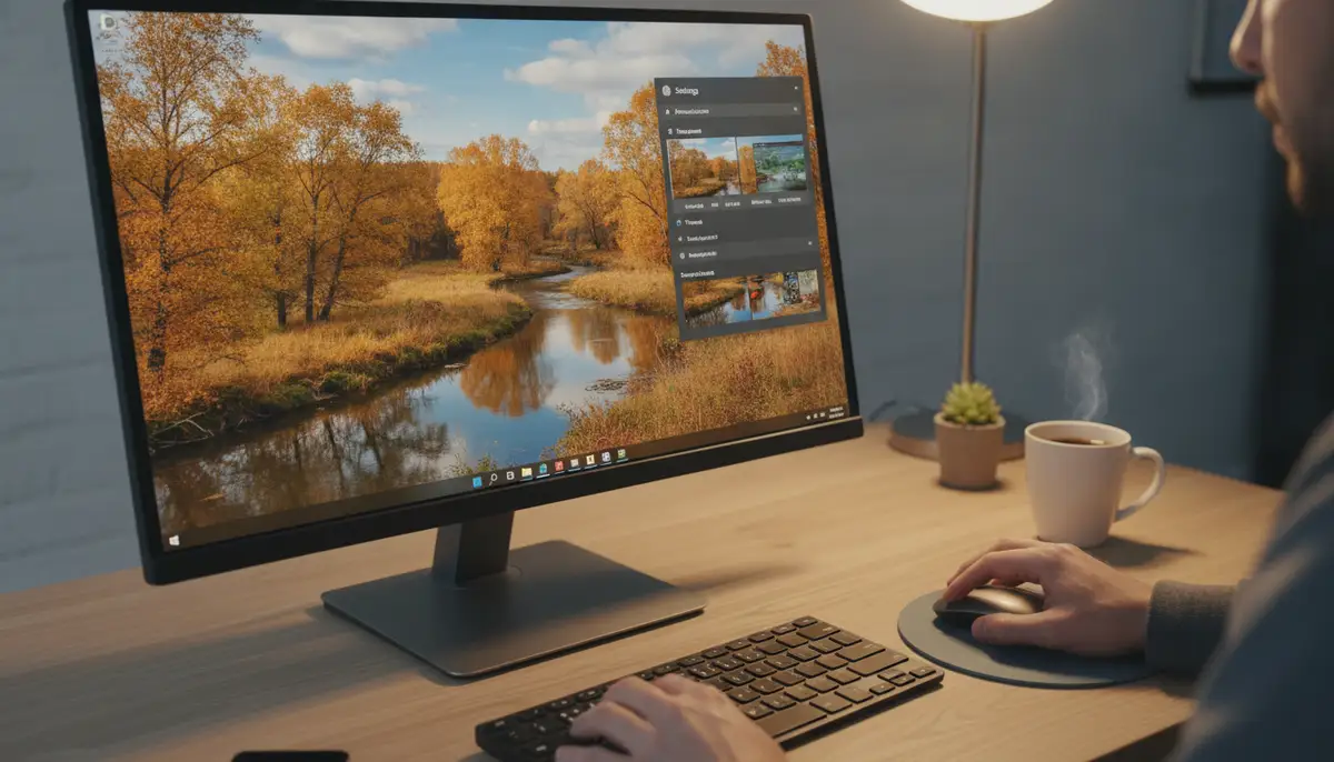 A person easily setting a new fall wallpaper backgrounds desktop on their computer, with a clear focus on the 'Settings' menu and a beautiful autumn landscape appearing., high-quality photography, professional lighting, sharp focus, realistic, detailed