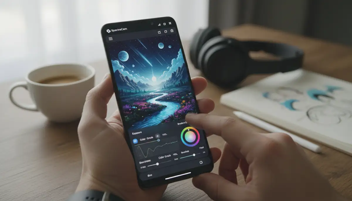 A person editing a photo on their Android device, having used a powerful free camera app to capture it, showcasing creativity and post-processing capabilities., high-quality photography, professional lighting, sharp focus, realistic, detailed