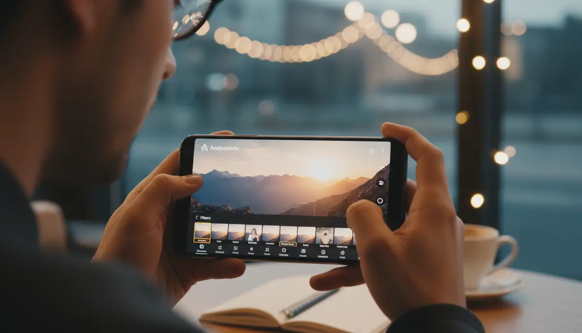 A person editing a photo on their Android phone, showcasing various post-processing options and filters, with a focus on creative enhancements., high-quality photography, professional lighting, sharp focus, realistic, detailed