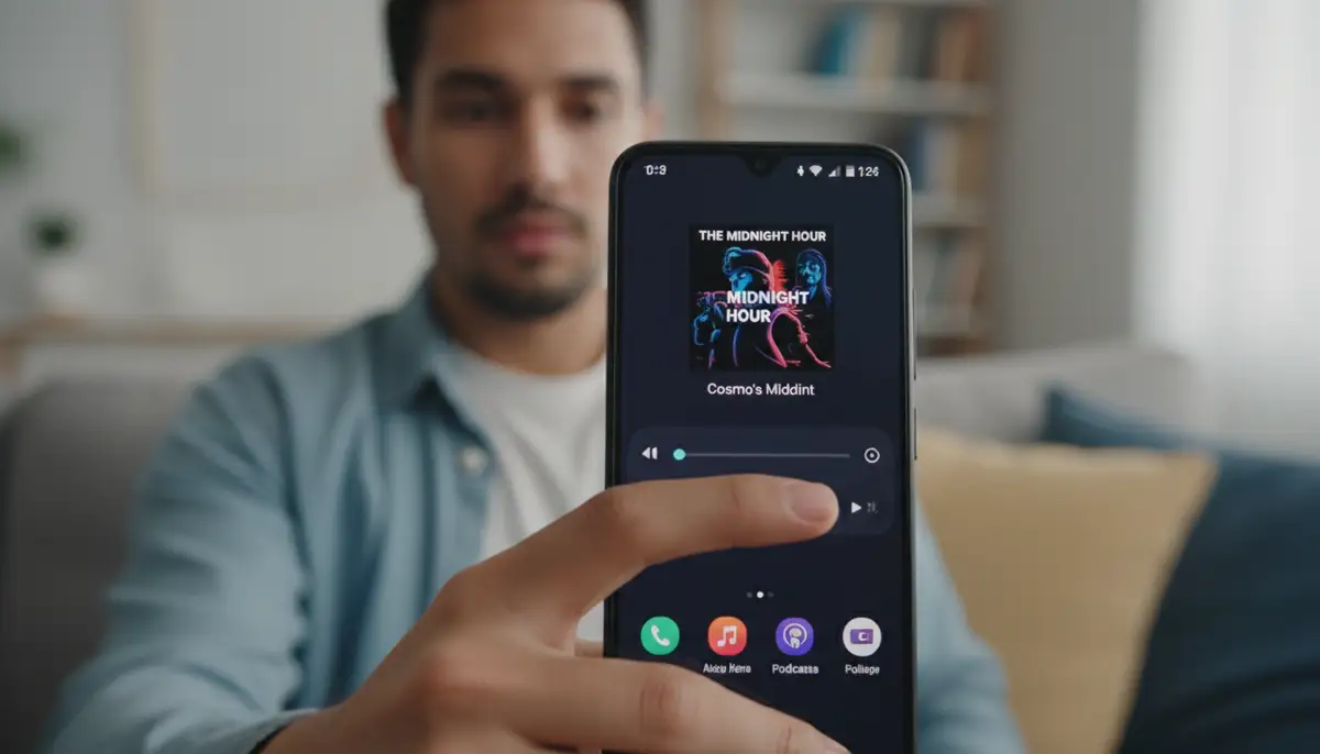 A person effortlessly controlling music playback on their Android phone's lock screen using a media control widget, showing a focused and convenient experience., high-quality photography, professional lighting, sharp focus, realistic, detailed