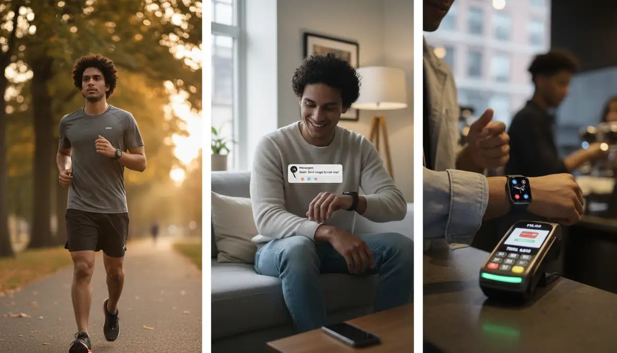 A person engaging in various activities (running, checking notifications, paying) with an Apple Watch on their wrist, showcasing its versatility., high-quality photography, professional lighting, sharp focus, realistic, detailed