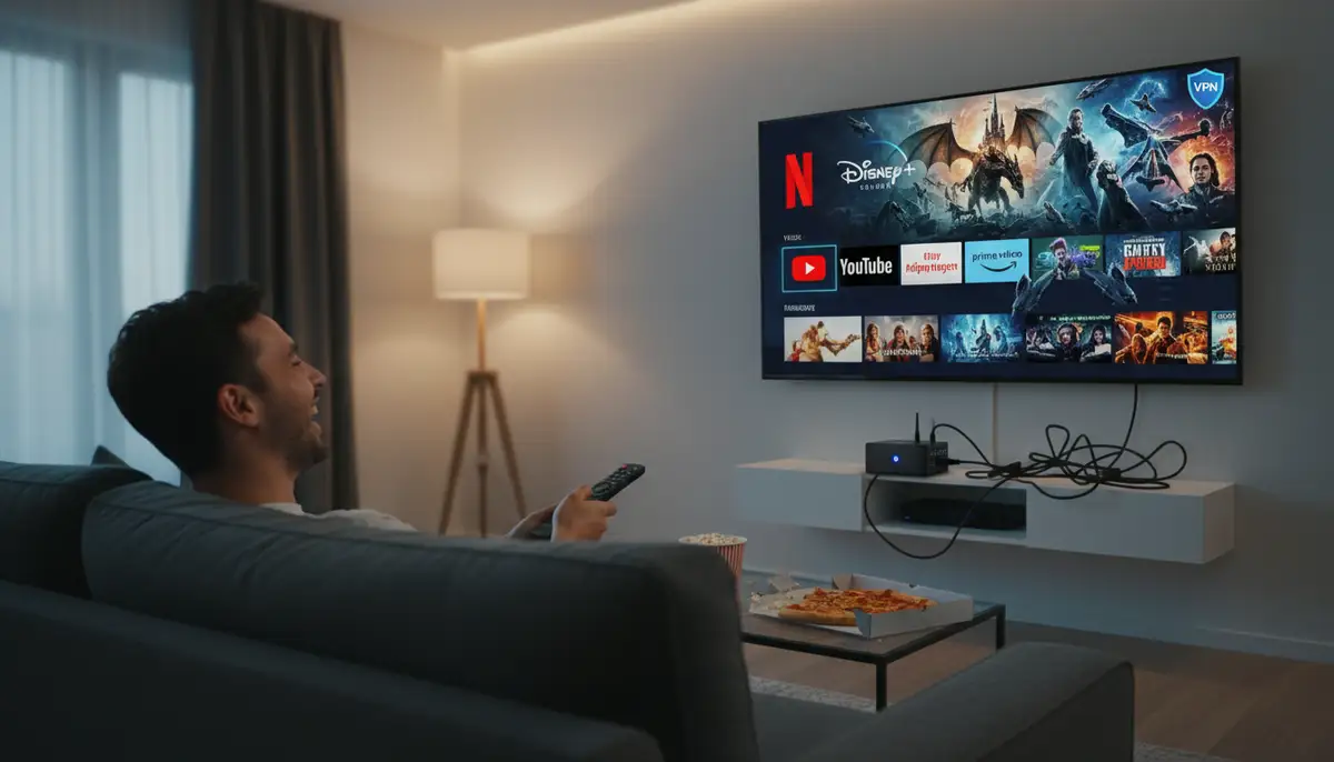 A person enjoying a wide array of streaming content on a modern TV, enabled by a jailbroken Android box, with a subtle VPN icon in the corner., high-quality photography, professional lighting, sharp focus, realistic, detailed