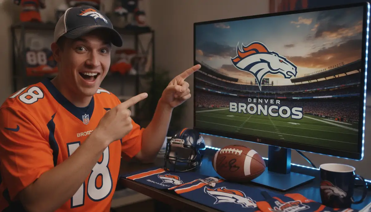 A person enthusiastically pointing at their computer screen, which displays a dynamic Denver Broncos desktop wallpaper, surrounded by other fan merchandise., high-quality photography, professional lighting, sharp focus, realistic, detailed