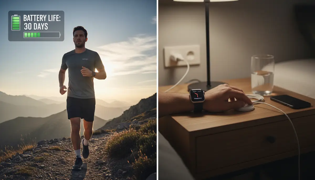 A person exercising outdoors, wearing a Withings Watch, with a long-lasting battery indicator overlayed, contrasting with a person charging an Apple Watch daily on a bedside table., high-quality photography, professional lighting, sharp focus, realistic, detailed