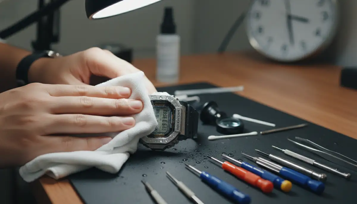 A person gently drying a Casio watch with a soft cloth after a minor water spill, surrounded by watch repair tools., high-quality photography, professional lighting, sharp focus, realistic, detailed
