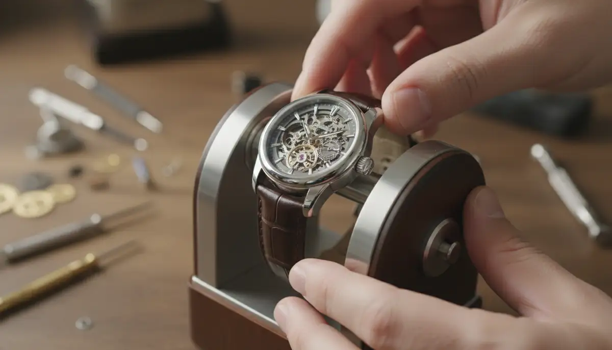A person gently winding an automatic watch on a stand, with a blurred background of watch-making tools., high-quality photography, professional lighting, sharp focus, realistic, detailed