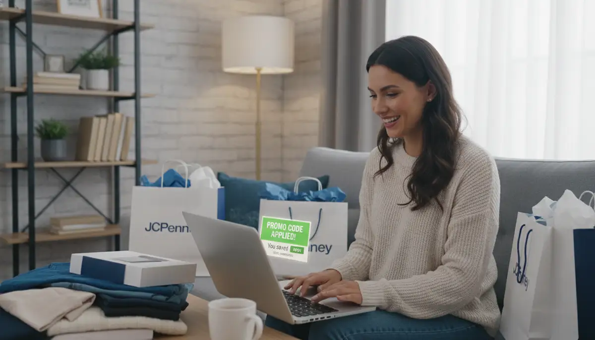 A person happily applying a JCPenney promo code on a laptop, with shopping bags visible in the background, set in a modern home environment., high-quality photography, professional lighting, sharp focus, realistic, detailed