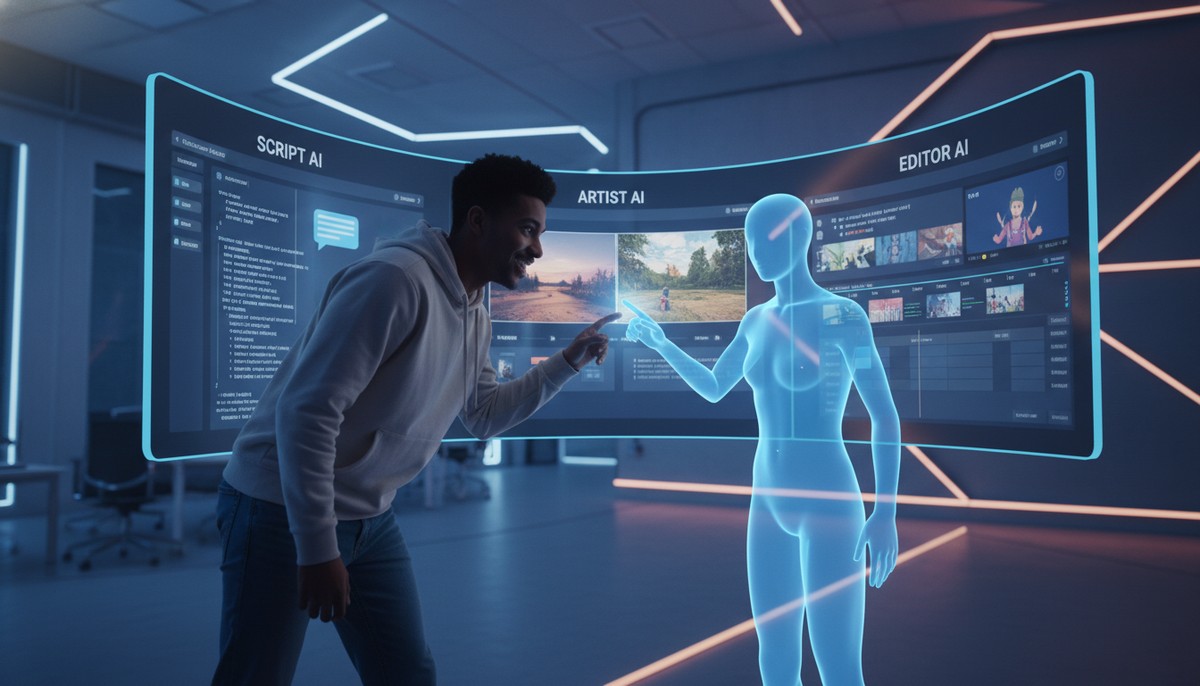 A person happily collaborating with an AI assistant on a digital screen, showing text, image, and video editing interfaces.