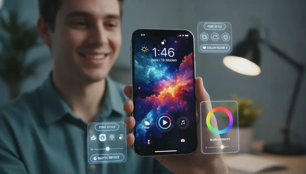 A person happily customizing their iPhone lock screen with a vibrant, high-resolution wallpaper, showing various customization options around the phone., high-quality photography, professional lighting, sharp focus, realistic, detailed