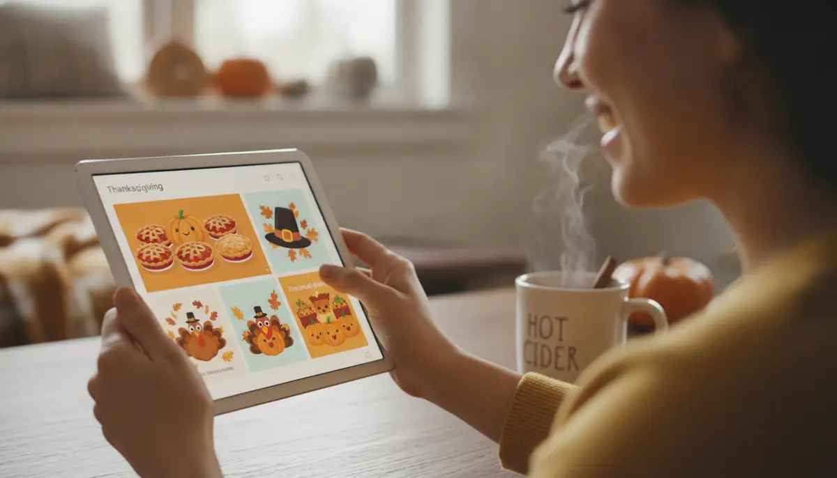 A person happily customizing their tablet with a cute Thanksgiving wallpaper background, selecting from various options like cartoon pies, pilgrim hats, and harvest scenes, with a cup of hot cider nearby., high-quality photography, professional lighting, sharp focus, realistic, detailed