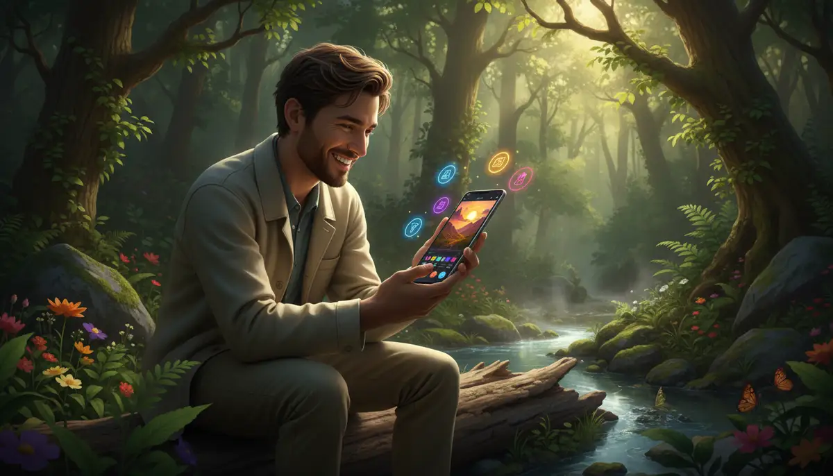A person happily editing a photo on a smartphone, vibrant colors, modern interface, surrounded by nature., high-quality photography, professional lighting, sharp focus, realistic, detailed