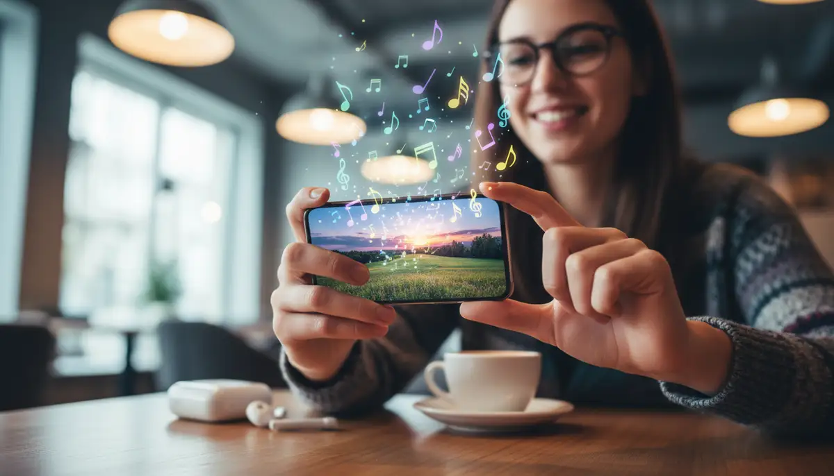 A person happily editing a photo on a smartphone, with musical notes floating around the screen, vibrant and modern., high-quality photography, professional lighting, sharp focus, realistic, detailed