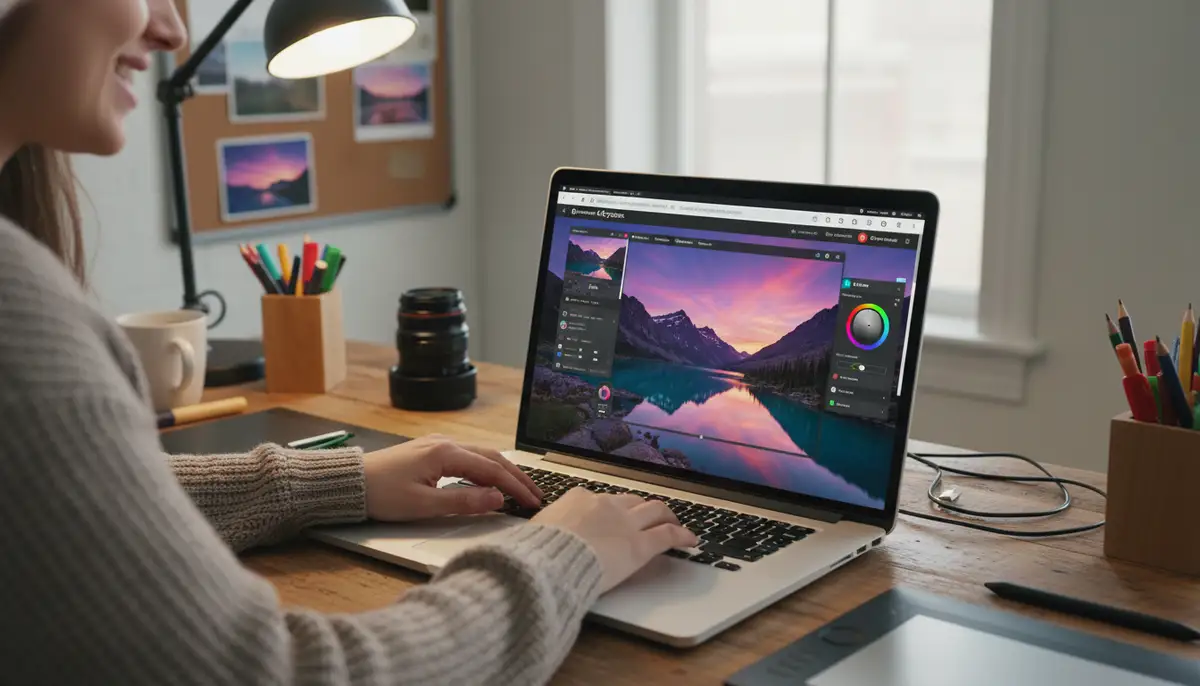 A person happily editing a vibrant landscape photo on a laptop, with various online photo editing website interfaces visible on the screen, surrounded by creative tools., high-quality photography, professional lighting, sharp focus, realistic, detailed