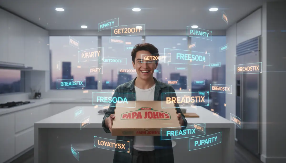 A person happily holding a Papa John's pizza box, surrounded by digital coupon codes floating in the air, with a modern, clean design., high-quality photography, professional lighting, sharp focus, realistic, detailed