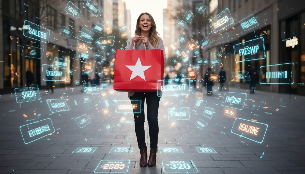 A person happily holding a shopping bag from Macy's, surrounded by digital coupon codes floating in the air, representing successful savings., high-quality photography, professional lighting, sharp focus, realistic, detailed