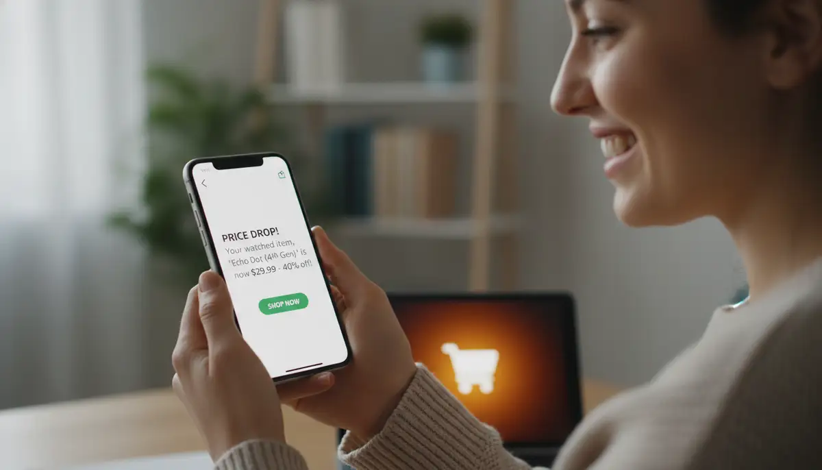 A person happily looking at their phone, showing a price drop alert notification for an Amazon product, with a shopping cart icon in the background., high-quality photography, professional lighting, sharp focus, realistic, detailed