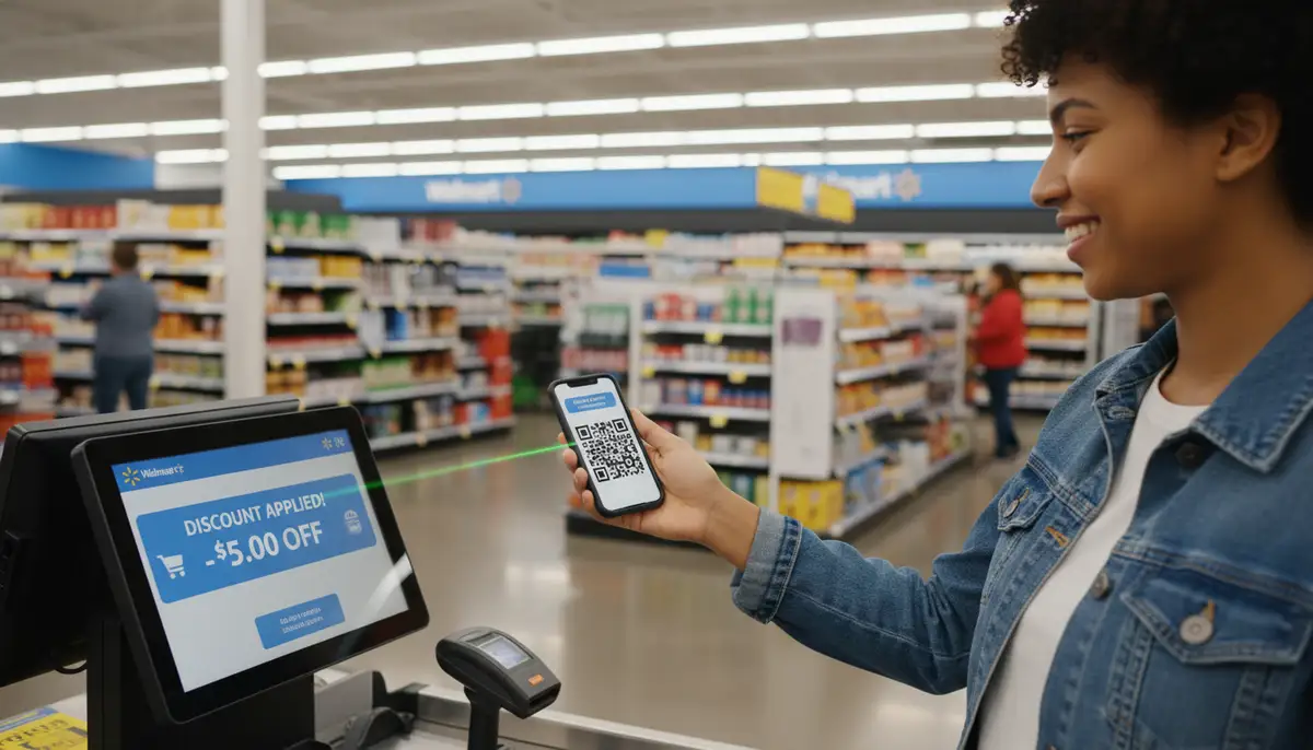 A person happily scanning a QR code for a discount at a Walmart self-checkout, with a bright, modern store background., high-quality photography, professional lighting, sharp focus, realistic, detailed