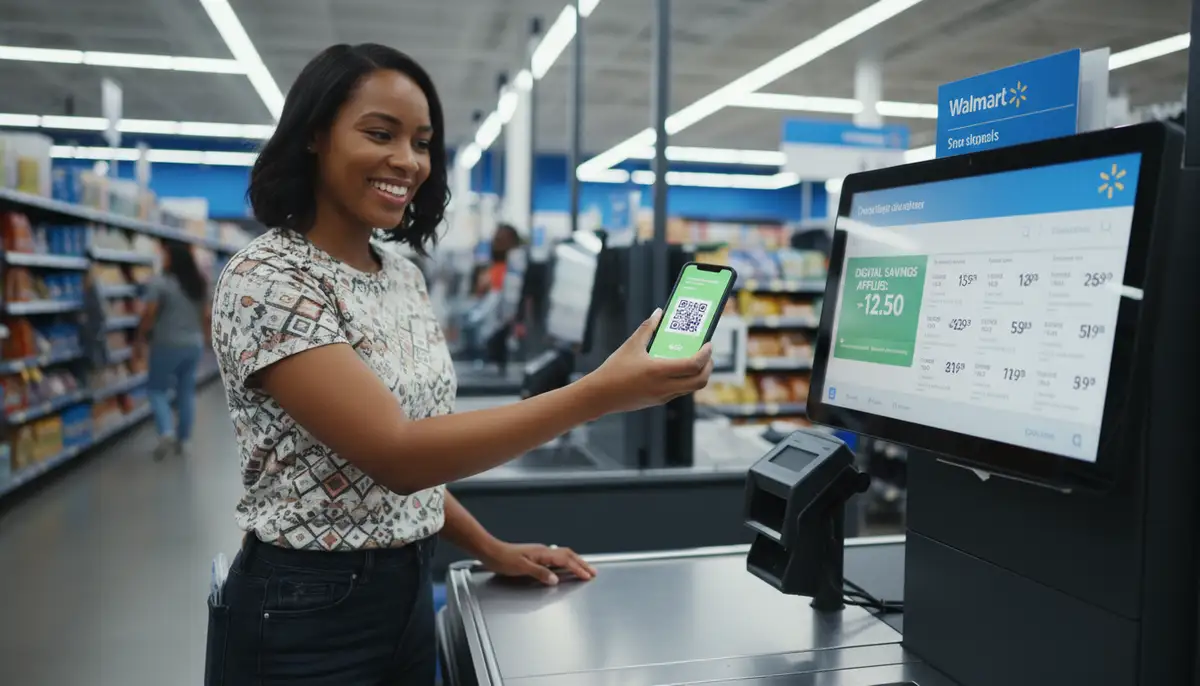 A person happily scanning a QR code on their phone at a Walmart self-checkout, with digital savings visible on the screen, vibrant and modern style., high-quality photography, professional lighting, sharp focus, realistic, detailed