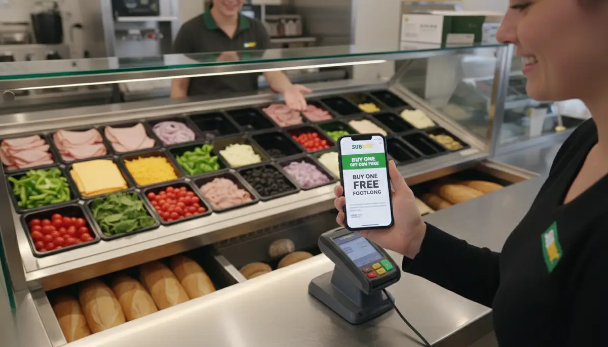 A person happily scanning a Subway coupon on their smartphone at a modern Subway counter, with fresh ingredients visible in the background., high-quality photography, professional lighting, sharp focus, realistic, detailed