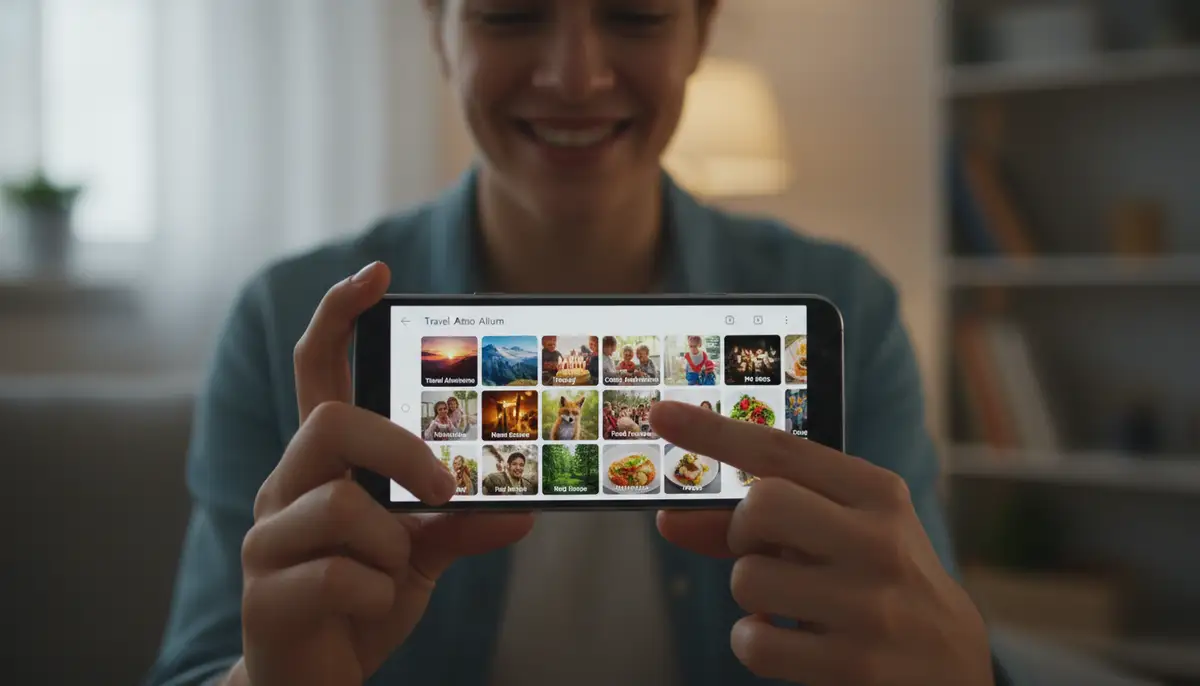 A person happily scrolling through a beautifully organized digital photo album on an Android smartphone, with vibrant, well-categorized photos displayed., high-quality photography, professional lighting, sharp focus, realistic, detailed