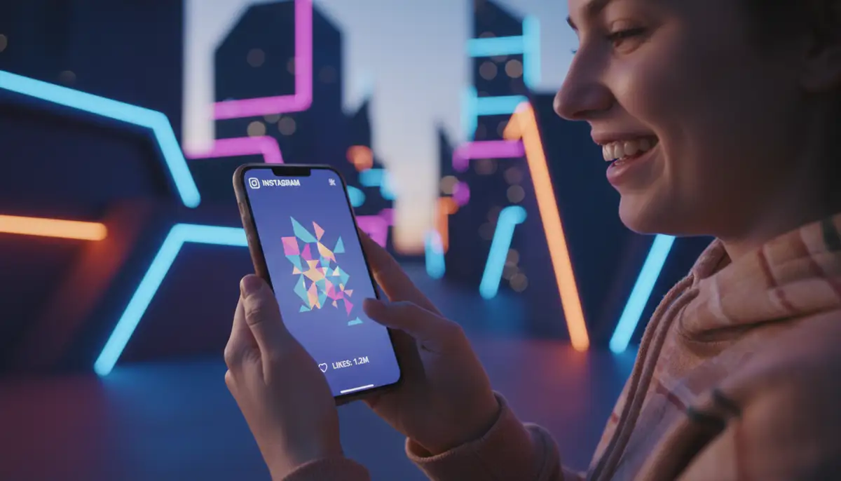 A person happily scrolling through Instagram, seeing a dynamic GIF on their feed, with a smartphone in hand and a vibrant, modern background., high-quality photography, professional lighting, sharp focus, realistic, detailed