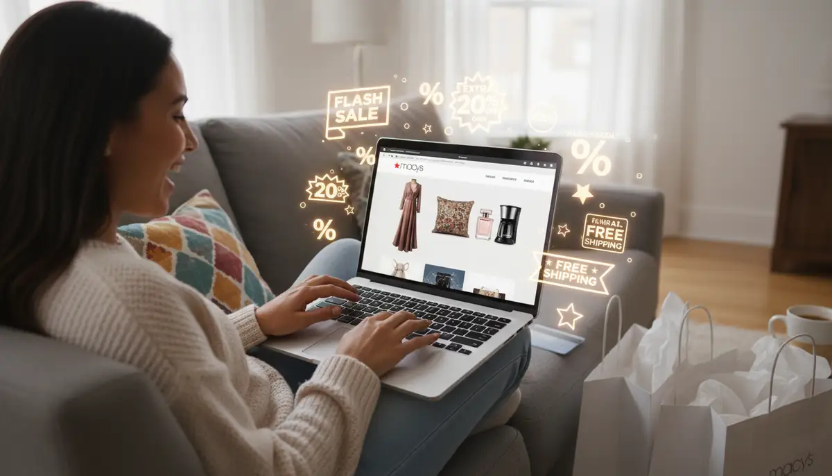 A person happily shopping online at Macy's on a laptop, with various products like clothing, home decor, and beauty items displayed on the screen, surrounded by glowing discount symbols., high-quality photography, professional lighting, sharp focus, realistic, detailed