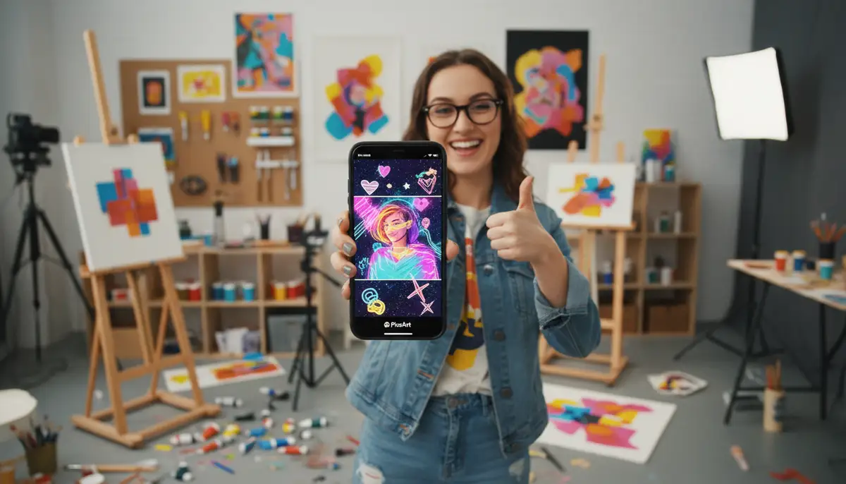 A person happily showing off their phone screen with a finished, layered photo edit from PicsArt, standing in a vibrant, creative studio environment., high-quality photography, professional lighting, sharp focus, realistic, detailed