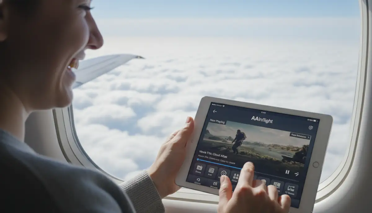 A person happily streaming movies on their tablet using the aainflight app during a flight, with a window view of clouds in the background., high-quality photography, professional lighting, sharp focus, realistic, detailed