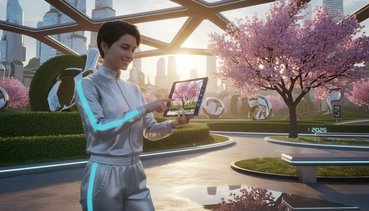 A person happily taking a high-quality photo with a sleek Android tablet, outdoors in a park, with good lighting, 2025 aesthetic., high-quality photography, professional lighting, sharp focus, realistic, detailed