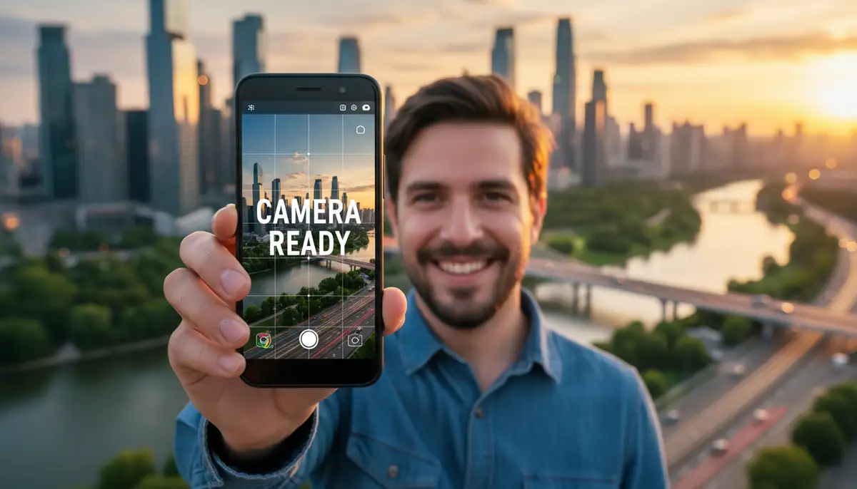 A person happily taking a photo with their recovered Android camera app, vibrant colors and a modern city background., high-quality photography, professional lighting, sharp focus, realistic, detailed