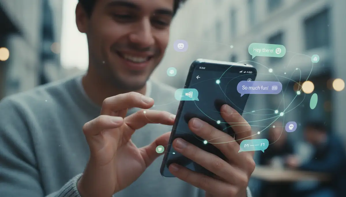 A person happily texting on an Android phone with a modern, sleek messaging app interface, surrounded by chat bubbles and digital connections., high-quality photography, professional lighting, sharp focus, realistic, detailed