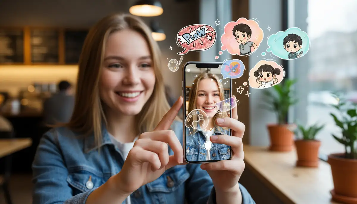 A person happily transforming their selfie into a vibrant cartoon using a smartphone app, with various cartoon styles floating around the screen., high-quality photography, professional lighting, sharp focus, realistic, detailed