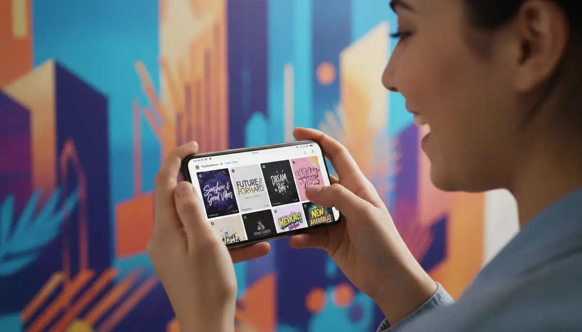 A person happily using a smartphone, displaying an Instagram feed with various stylish, unique fonts on posts and stories, set against a vibrant, modern background., high-quality photography, professional lighting, sharp focus, realistic, detailed