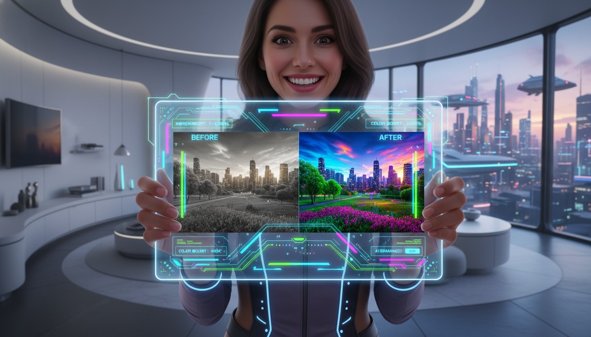 A person happily viewing a dramatically enhanced photo on a tablet, showing a before-and-after split screen, vibrant colors, futuristic interface, 2025 aesthetic.