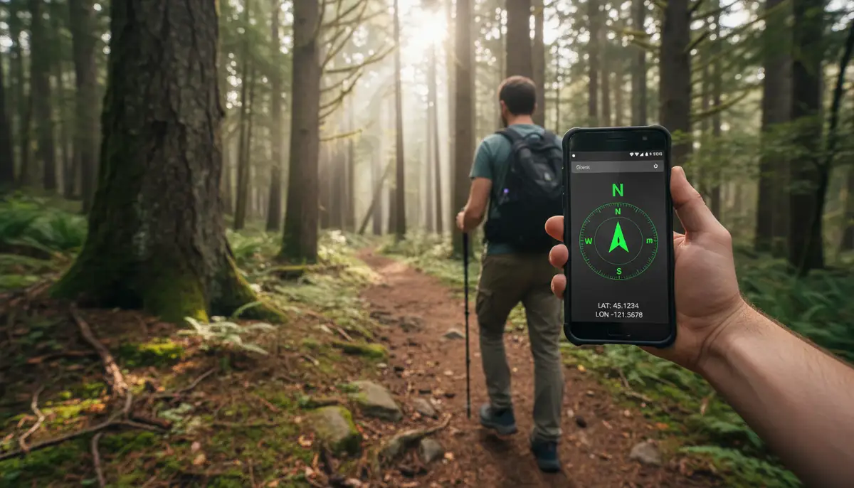 A person hiking in a forest, using an Android phone with a prominent compass widget on the home screen, showing true north and GPS coordinates., high-quality photography, professional lighting, sharp focus, realistic, detailed