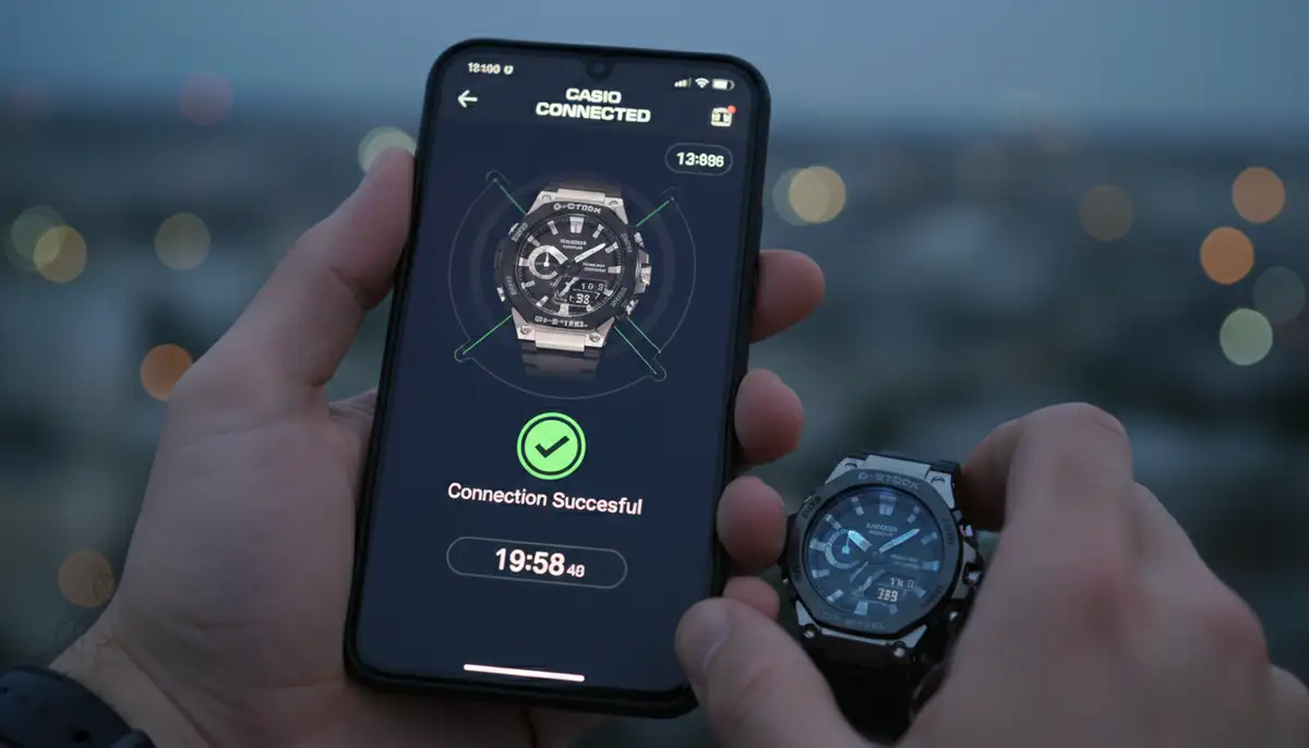 A person holding a smartphone with the Casio Connected app open, syncing with a Casio Bluetooth watch on their wrist, showing a successful connection., high-quality photography, professional lighting, sharp focus, realistic, detailed