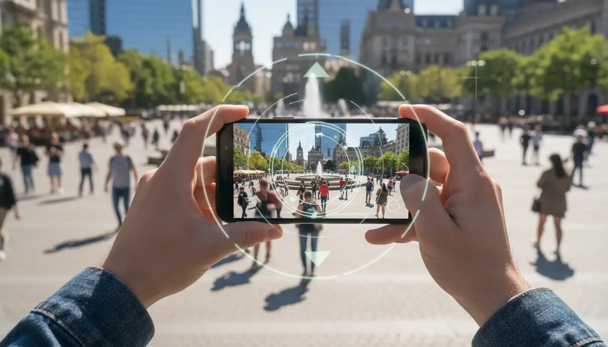 A person holding an Android phone, capturing a vibrant 360-degree panorama of a bustling city square, with virtual lines guiding the shot., high-quality photography, professional lighting, sharp focus, realistic, detailed