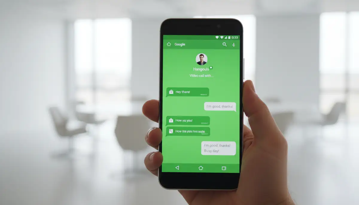 A person holding an Android phone, displaying the Google Hangouts interface with chat bubbles and a video call icon, in a modern, clean design., high-quality photography, professional lighting, sharp focus, realistic, detailed