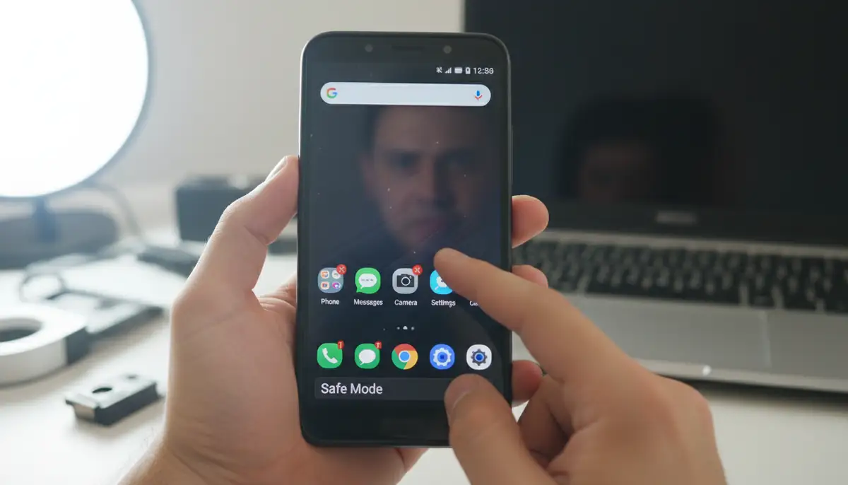 A person holding an Android phone in 'Safe Mode' with only essential apps visible, troubleshooting a camera issue., high-quality photography, professional lighting, sharp focus, realistic, detailed