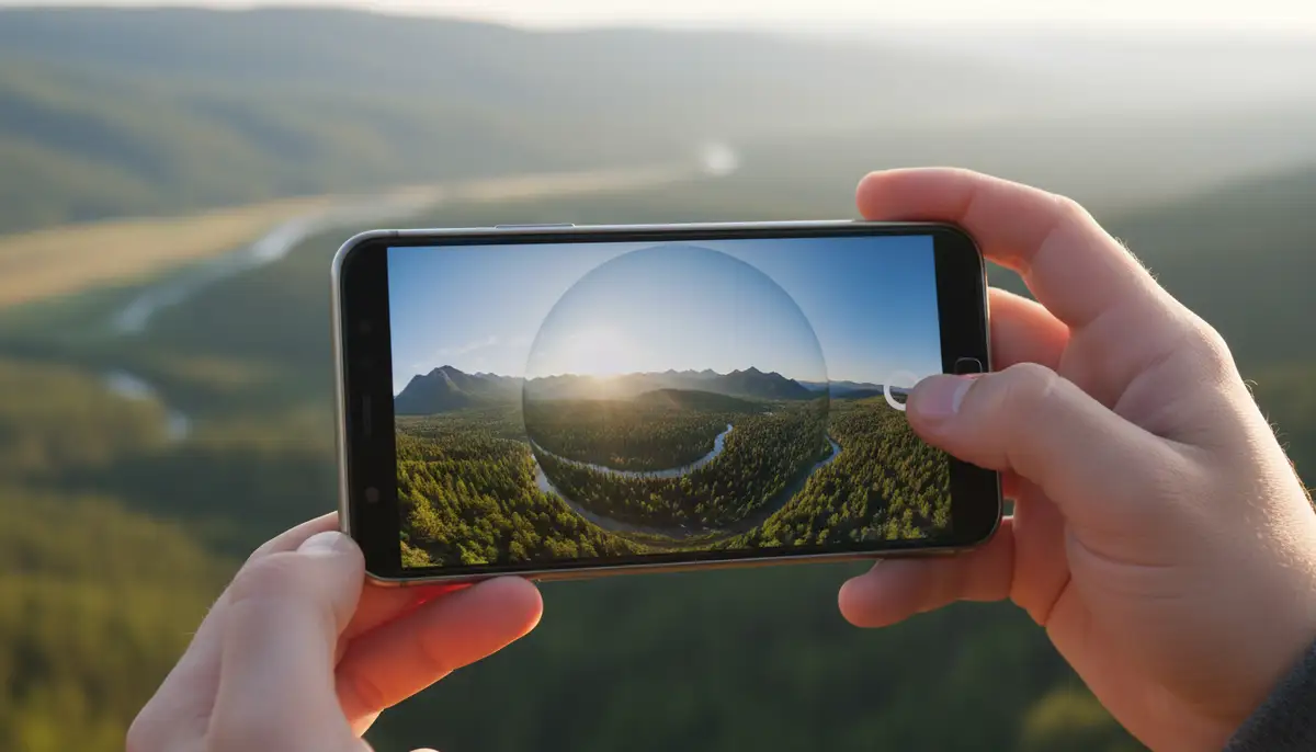 A person holding an Android phone, looking at a 360-degree photo displayed on the screen, with a subtle background of a scenic landscape captured in 360 degrees., high-quality photography, professional lighting, sharp focus, realistic, detailed
