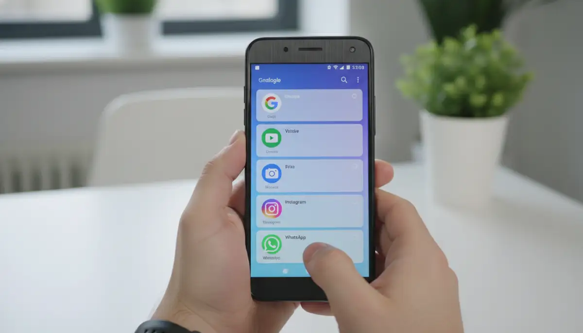 A person holding an Android phone, looking at a screen displaying a list of running applications with icons, in a clean, modern interface., high-quality photography, professional lighting, sharp focus, realistic, detailed