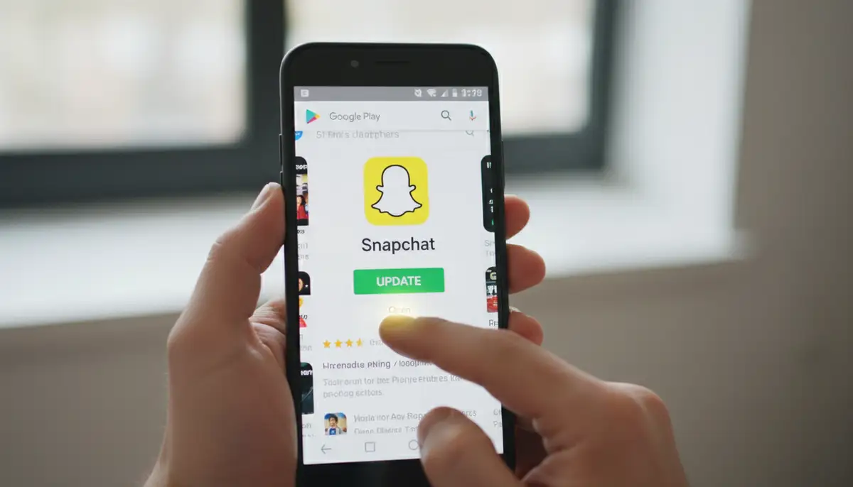 A person holding an Android phone, looking at the Google Play Store interface with the Snapchat app prominently displayed, a 'Update' button highlighted., high-quality photography, professional lighting, sharp focus, realistic, detailed